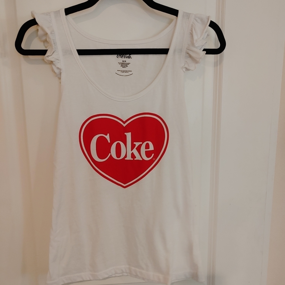Coke White Cascading Ruffles Knit Tank Top Red Heart